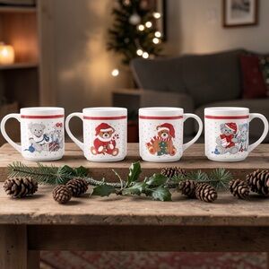 Set Of 4 VINTAGE Sango Christmas Bears Collection mugs